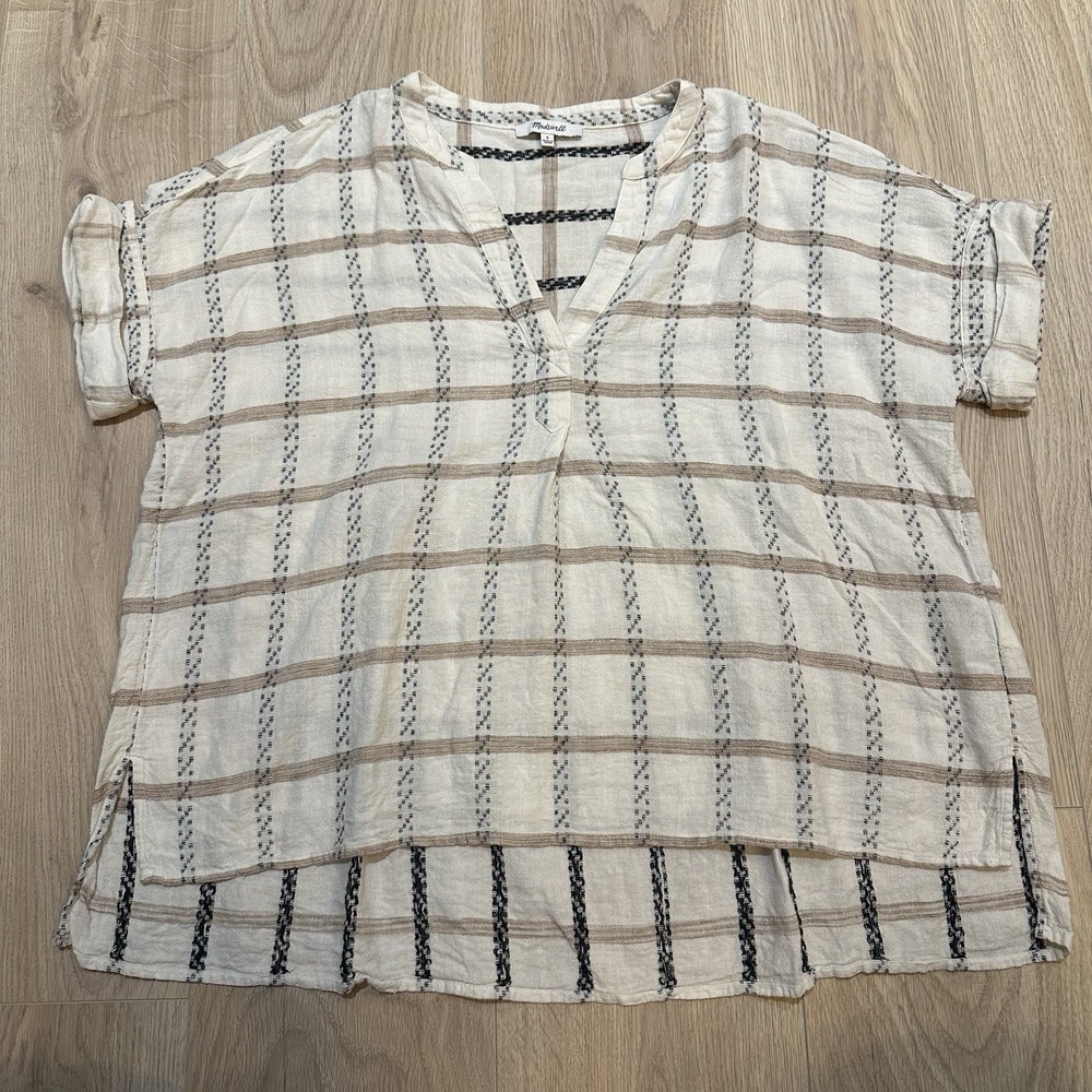 Madewell Lakeline Popover Short Sleeve Shirt Cream Plaid Boxy Linen Blend Size S - Picture 3 of 9